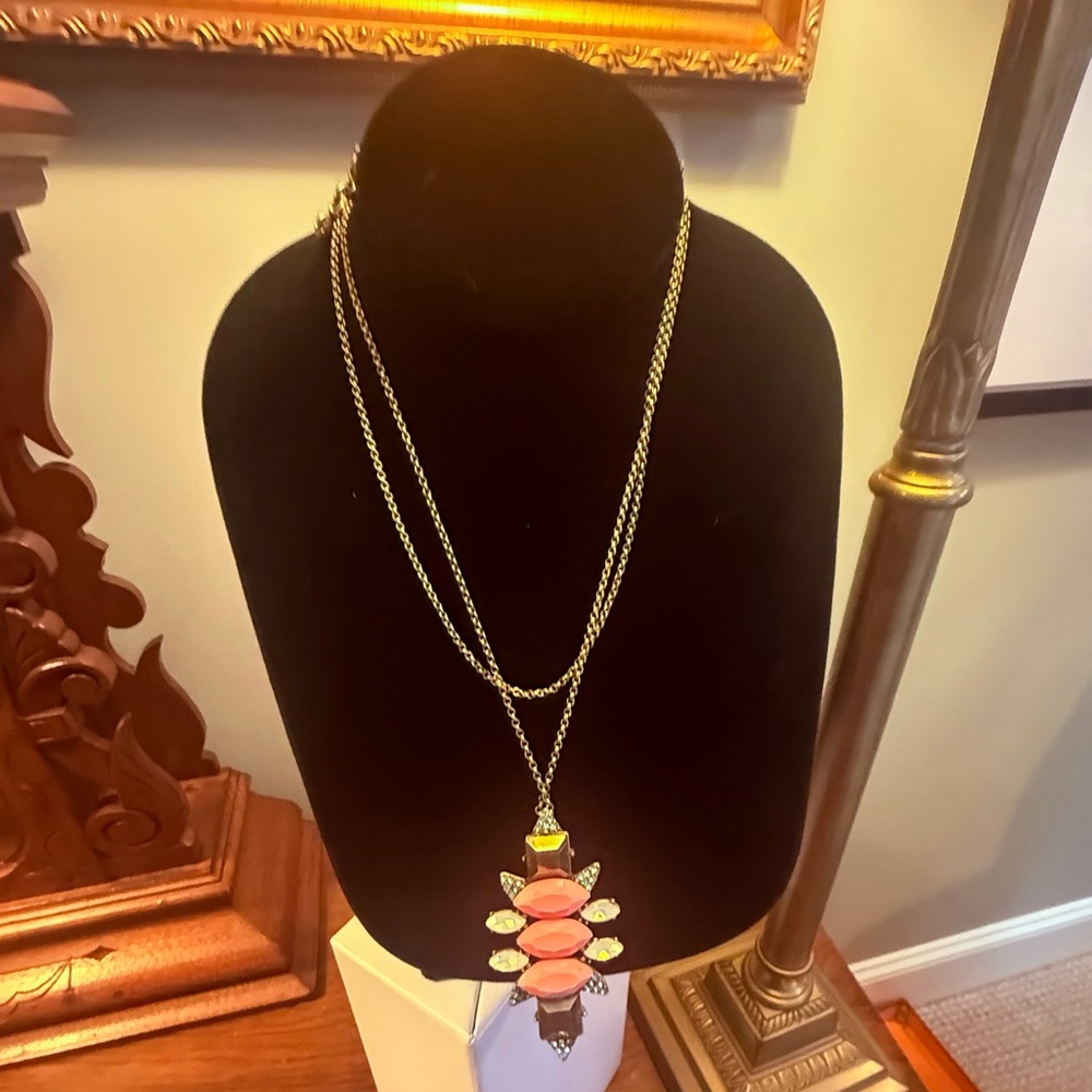 Vintage J. Crew Gold Chain w/ Pink Green Art Deco Pendant Necklace 34” - Picture 4 of 11
